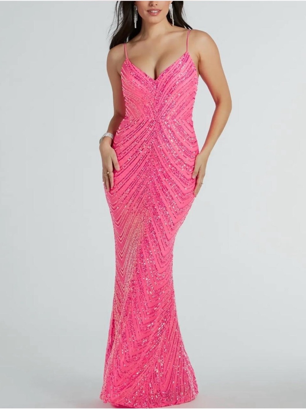 Sparkling Hot Pink Sequin Evening Gown - Elegant Spaghetti Strap Dress - Picture 4 of 7